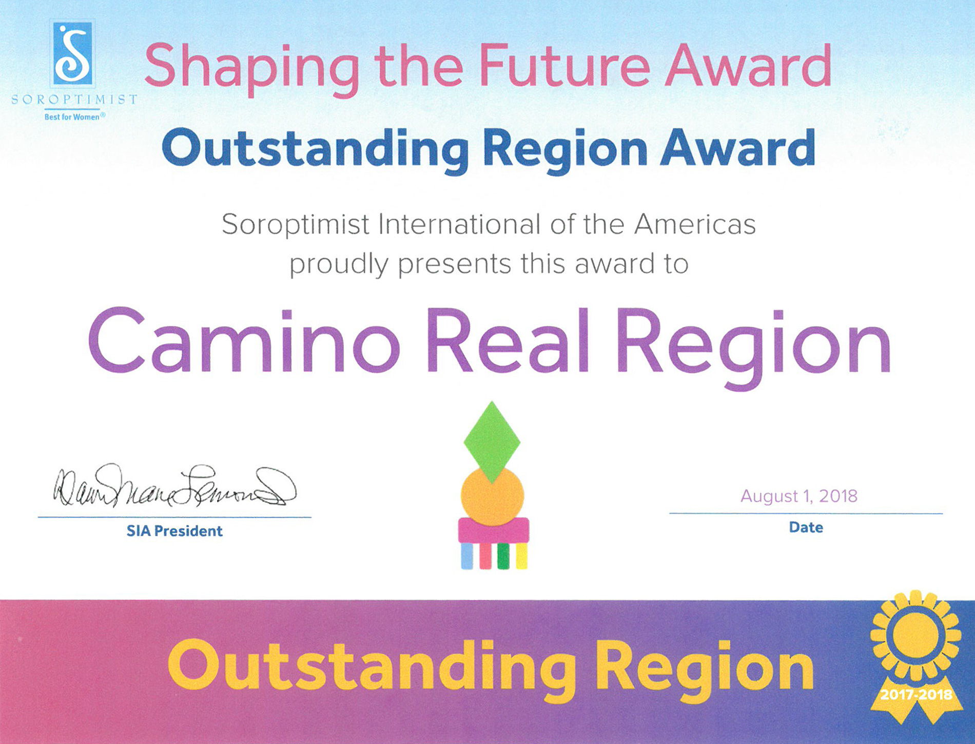 Soroptimist Outstanding Region Certificate